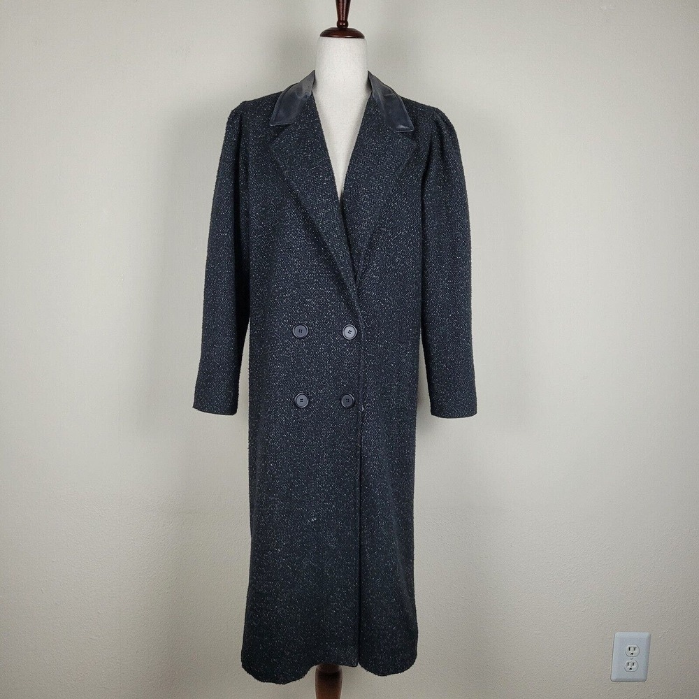 New York Girl Coat Womens 8 Black Double Breasted Leather Trim VTG 90s USA Tweed